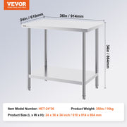 Stainless Steel Prep Table, 24 x 36 x 34 Inch, Heavy Duty Metal Worktable with 3 Adjustable Height Levels, V952-CFBXGGZTLCWJOPMIYV0
