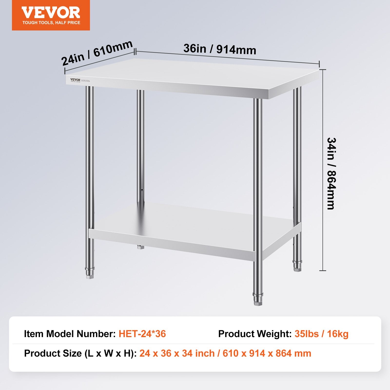 Stainless Steel Prep Table, 24 x 36 x 34 Inch, Heavy Duty Metal Worktable with 3 Adjustable Height Levels, V952-CFBXGGZTLCWJOPMIYV0