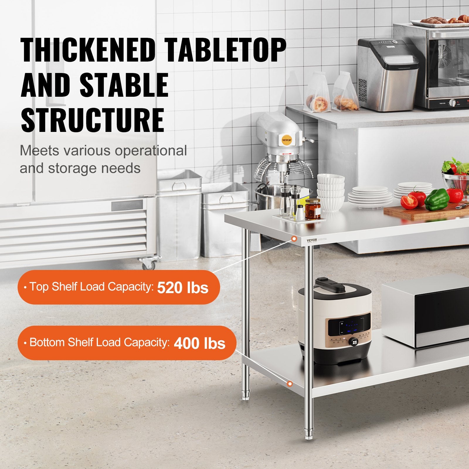 Stainless Steel Prep Table, 30 x 72 x 34 Inch, Heavy Duty Metal Worktable with 3 Adjustable Height Levels, V952-CFBXGGZTLCWJS66RVV0