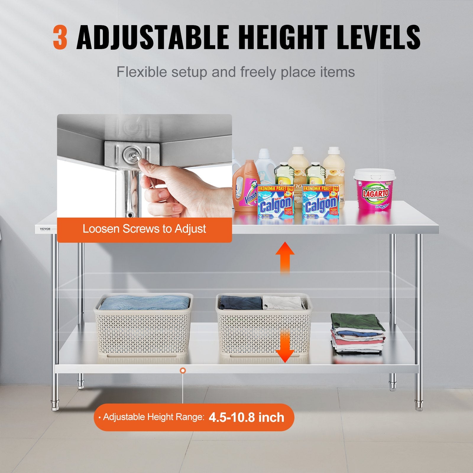 Stainless Steel Prep Table, 30 x 72 x 34 Inch, Heavy Duty Metal Worktable with 3 Adjustable Height Levels, V952-CFBXGGZTLCWJS66RVV0