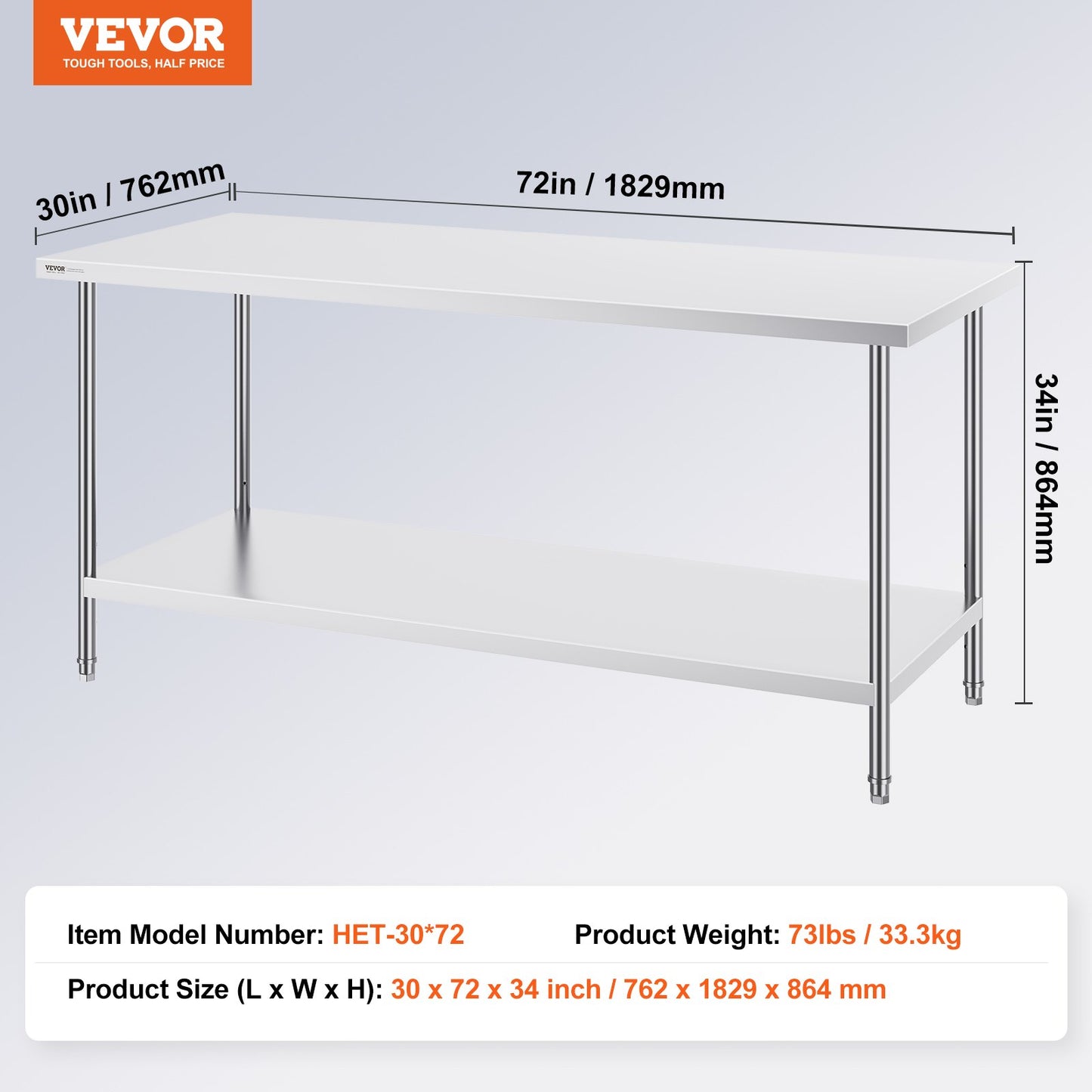 Stainless Steel Prep Table, 30 x 72 x 34 Inch, Heavy Duty Metal Worktable with 3 Adjustable Height Levels, V952-CFBXGGZTLCWJS66RVV0