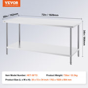 Stainless Steel Prep Table, 30 x 72 x 34 Inch, Heavy Duty Metal Worktable with 3 Adjustable Height Levels, V952-CFBXGGZTLCWJS66RVV0