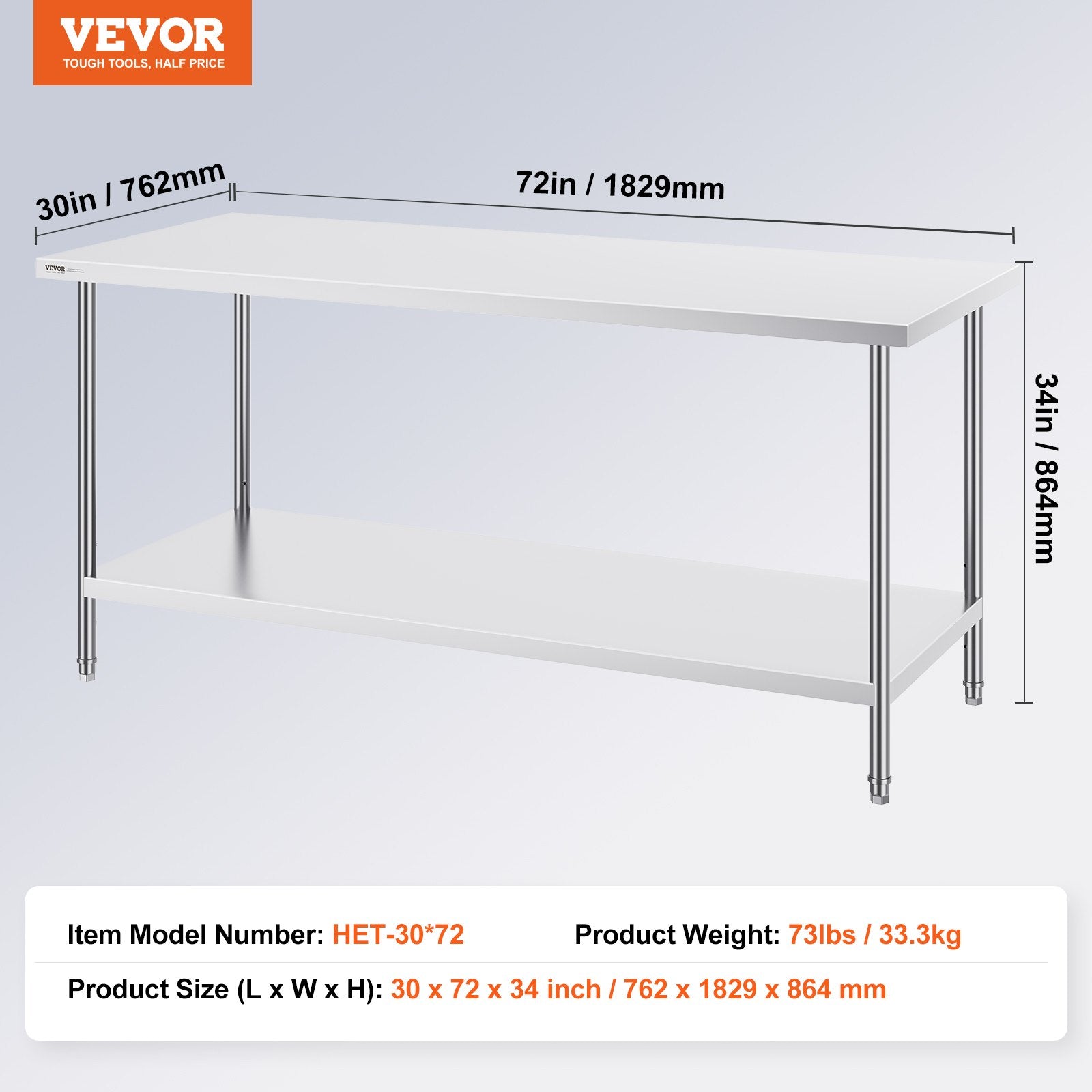Stainless Steel Prep Table, 30 x 72 x 34 Inch, Heavy Duty Metal Worktable with 3 Adjustable Height Levels, V952-CFBXGGZTLCWJS66RVV0
