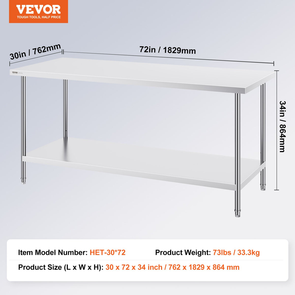 Stainless Steel Prep Table, 30 x 72 x 34 Inch, Heavy Duty Metal Worktable with 3 Adjustable Height Levels, V952-CFBXGGZTLCWJS66RVV0