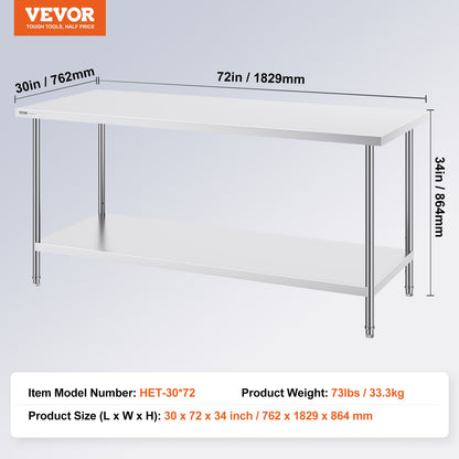 Stainless Steel Prep Table, 30 x 72 x 34 Inch, Heavy Duty Metal Worktable with 3 Adjustable Height Levels, V952-CFBXGGZTLCWJS66RVV0