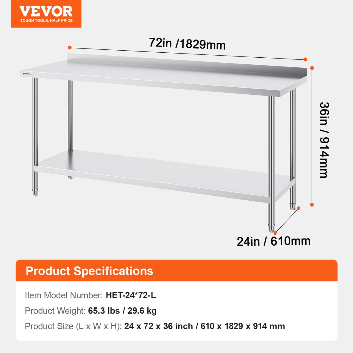 24 x 72 x 36 Inch Stainless Steel Work Table, Commercial Food Prep Worktable Heavy Duty Prep Worktable, Metal V952-CFBXGGZTLCWJWN757V0