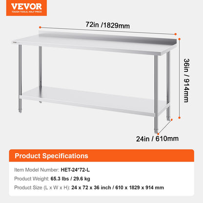 24 x 72 x 36 Inch Stainless Steel Work Table, Commercial Food Prep Worktable Heavy Duty Prep Worktable, Metal V952-CFBXGGZTLCWJWN757V0