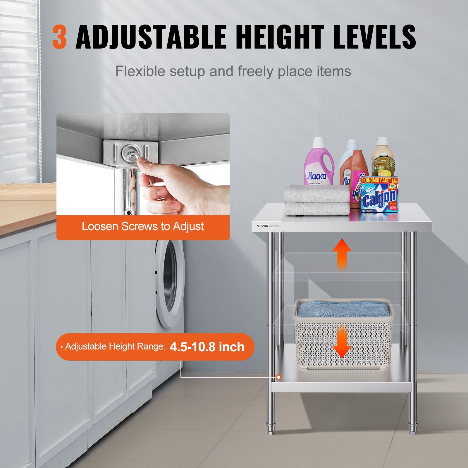 Stainless Steel Prep Table, 24 x 30 x 34 Inch, Heavy Duty Metal Worktable with 3 Adjustable Height Levels, V952-CFBXGGZTLCWJX36QKV0