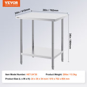 Stainless Steel Prep Table, 24 x 30 x 34 Inch, Heavy Duty Metal Worktable with 3 Adjustable Height Levels, V952-CFBXGGZTLCWJX36QKV0