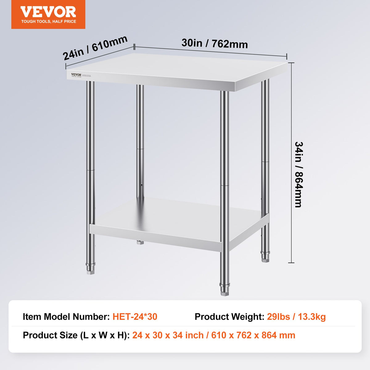 Stainless Steel Prep Table, 24 x 30 x 34 Inch, Heavy Duty Metal Worktable with 3 Adjustable Height Levels, V952-CFBXGGZTLCWJX36QKV0