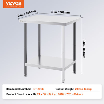 Stainless Steel Prep Table, 24 x 30 x 34 Inch, Heavy Duty Metal Worktable with 3 Adjustable Height Levels, V952-CFBXGGZTLCWJX36QKV0