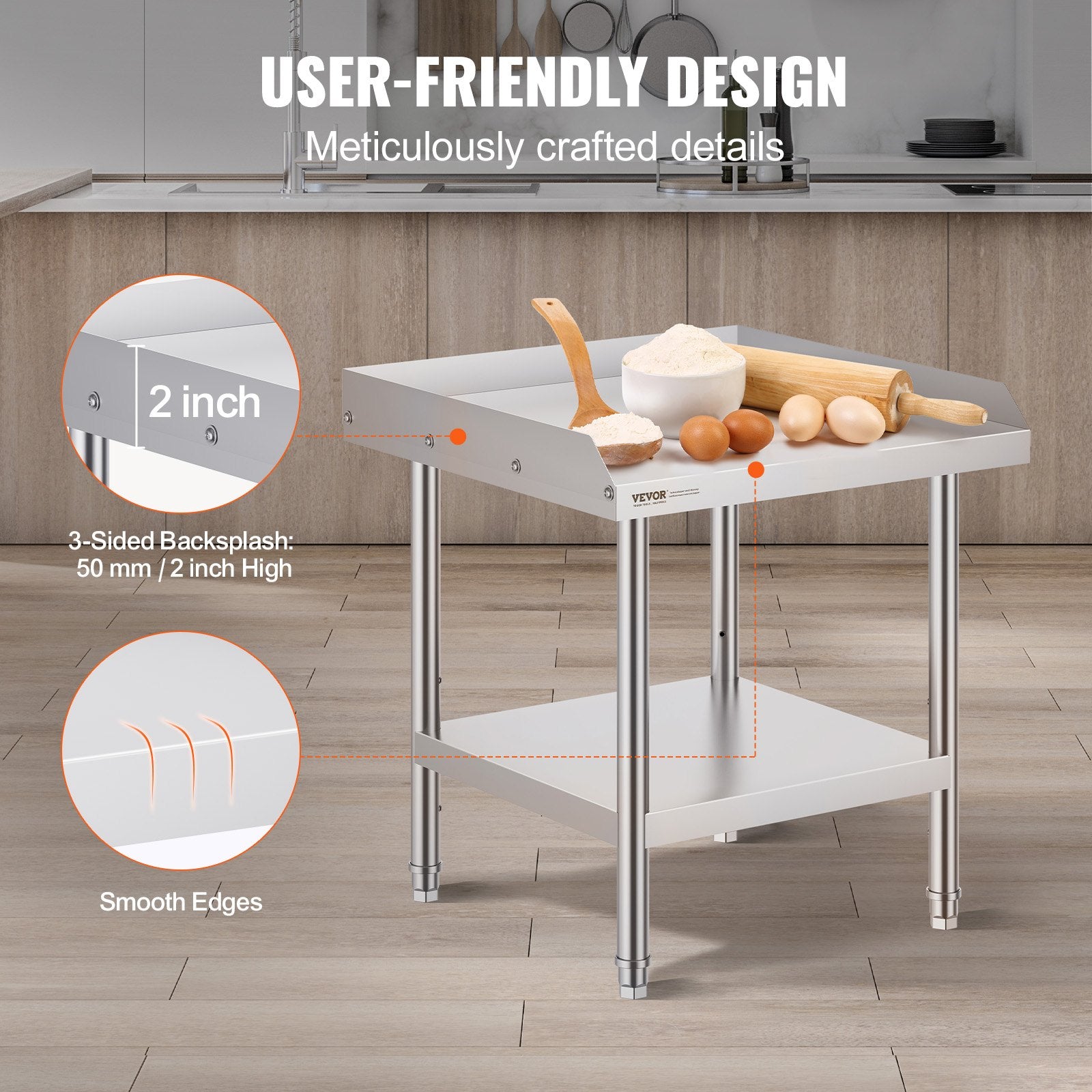 Stainless Steel Work Table, 24 x 24 x 26 Inch Commercial Food Prep Worktable, 3-Sided Backsplash Heavy Duty V952-CFBXGGZTSBT2DPGGMV0
