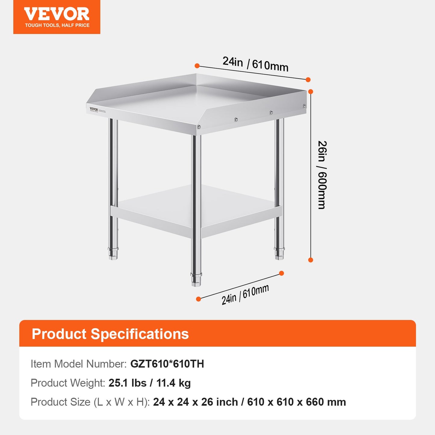 Stainless Steel Work Table, 24 x 24 x 26 Inch Commercial Food Prep Worktable, 3-Sided Backsplash Heavy Duty V952-CFBXGGZTSBT2DPGGMV0