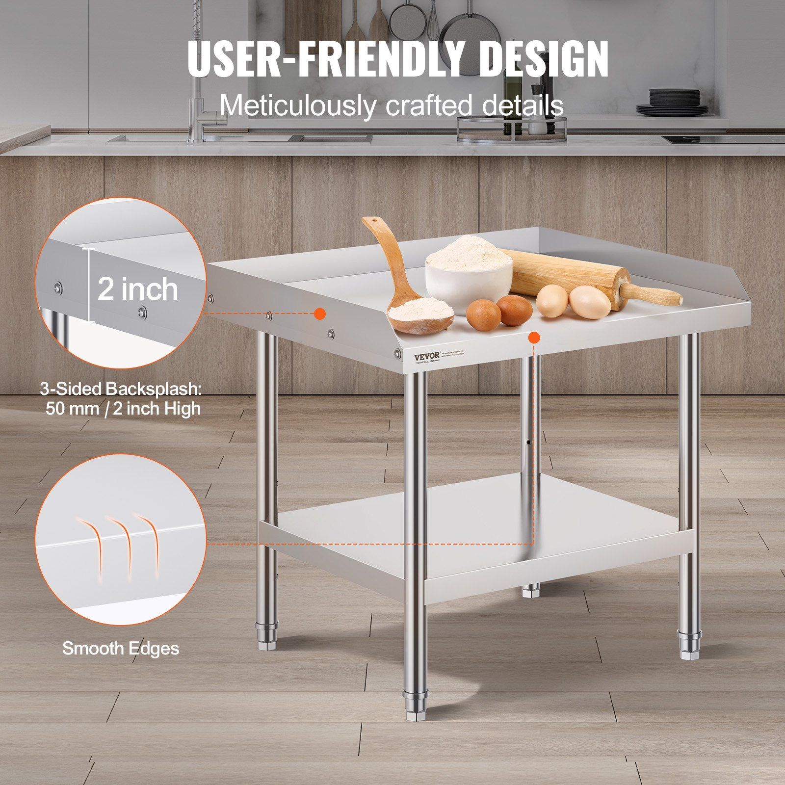Stainless Steel Work Table, 24 x 28 x 26 Inch Commercial Food Prep Worktable, 3-Sided Backsplash Heavy Duty V952-CFBXGGZTSBT2QR0IEV0