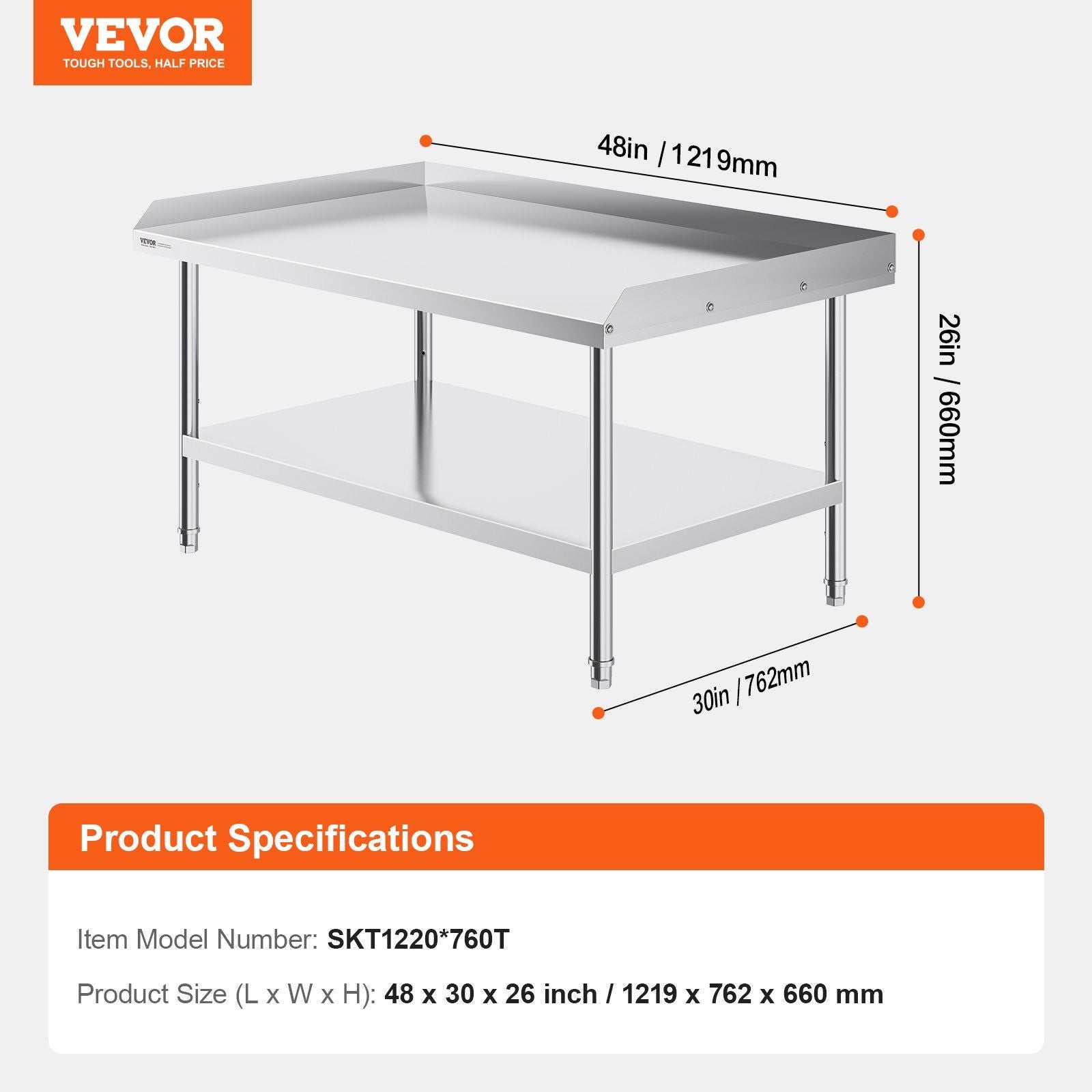 Stainless Steel Work Table, 762 x 1219 x 660 mm Commercial Food Prep Worktable, 3-Sided Backsplash Heavy Duty V952-CFBXGGZTSBT3X3G63V0