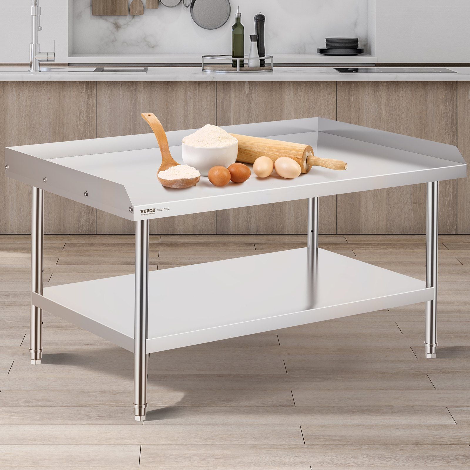 Stainless Steel Work Table, 762 x 1219 x 660 mm Commercial Food Prep Worktable, 3-Sided Backsplash Heavy Duty V952-CFBXGGZTSBT3X3G63V0