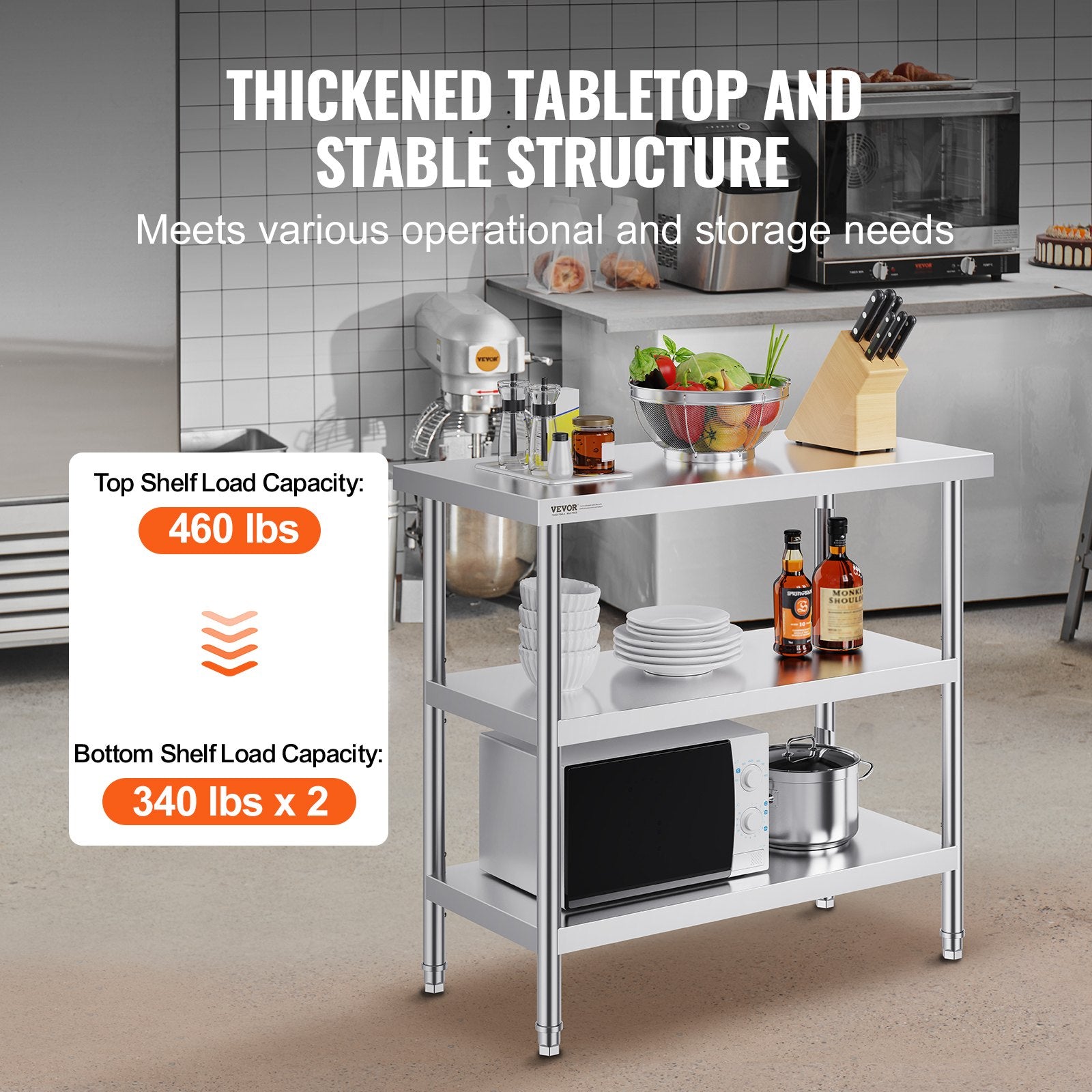 Stainless Steel Food Prep Table, 18 x 36 x 34 Inch Commercial Kitchen Worktable, with 2 Adjustable V952-CFBXGGZTSCGZKRMMXV0