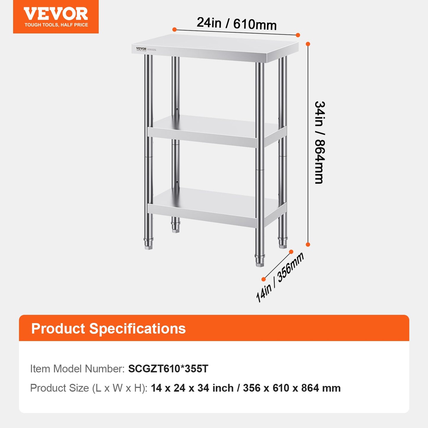 Stainless Steel Food Prep Table, 14 x 24 x 34 Inch Commercial Kitchen Worktable, with 2 Adjustable V952-CFBXGGZTSCGZZZ9YVV0