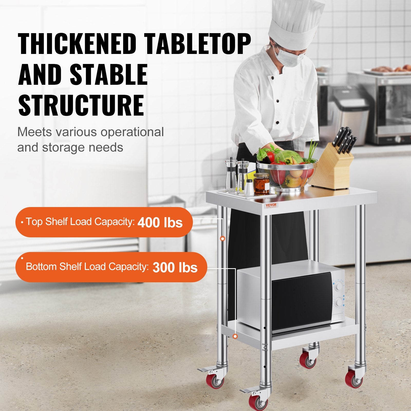 24x18x34 Inch Stainless Steel Work Table 3-Stage Adjustable Shelf with 4 Wheels Heavy Duty Commercial Food V952-CFGZT24X18X34YC01V0