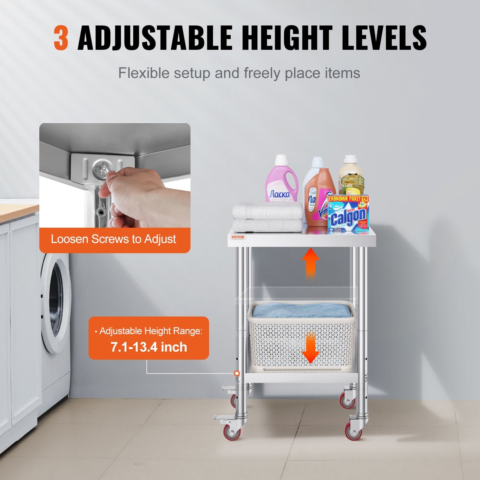 24x18x34 Inch Stainless Steel Work Table 3-Stage Adjustable Shelf with 4 Wheels Heavy Duty Commercial Food V952-CFGZT24X18X34YC01V0