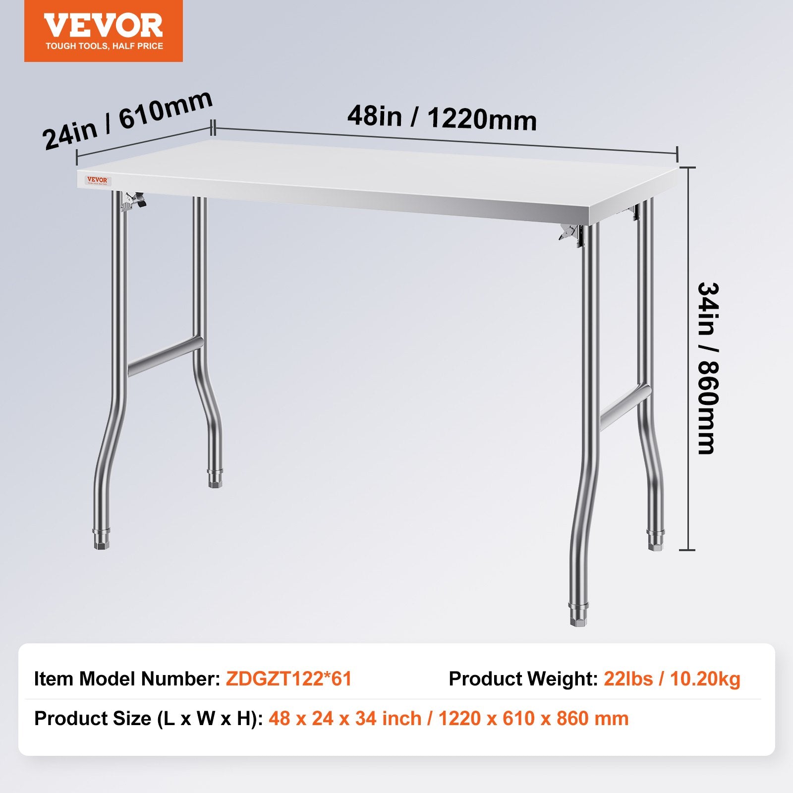 Stainless Steel Kitchen Bench Folding Commercial Prep Table 1220x610 mm V952-CFGZT24X48YC00001V0