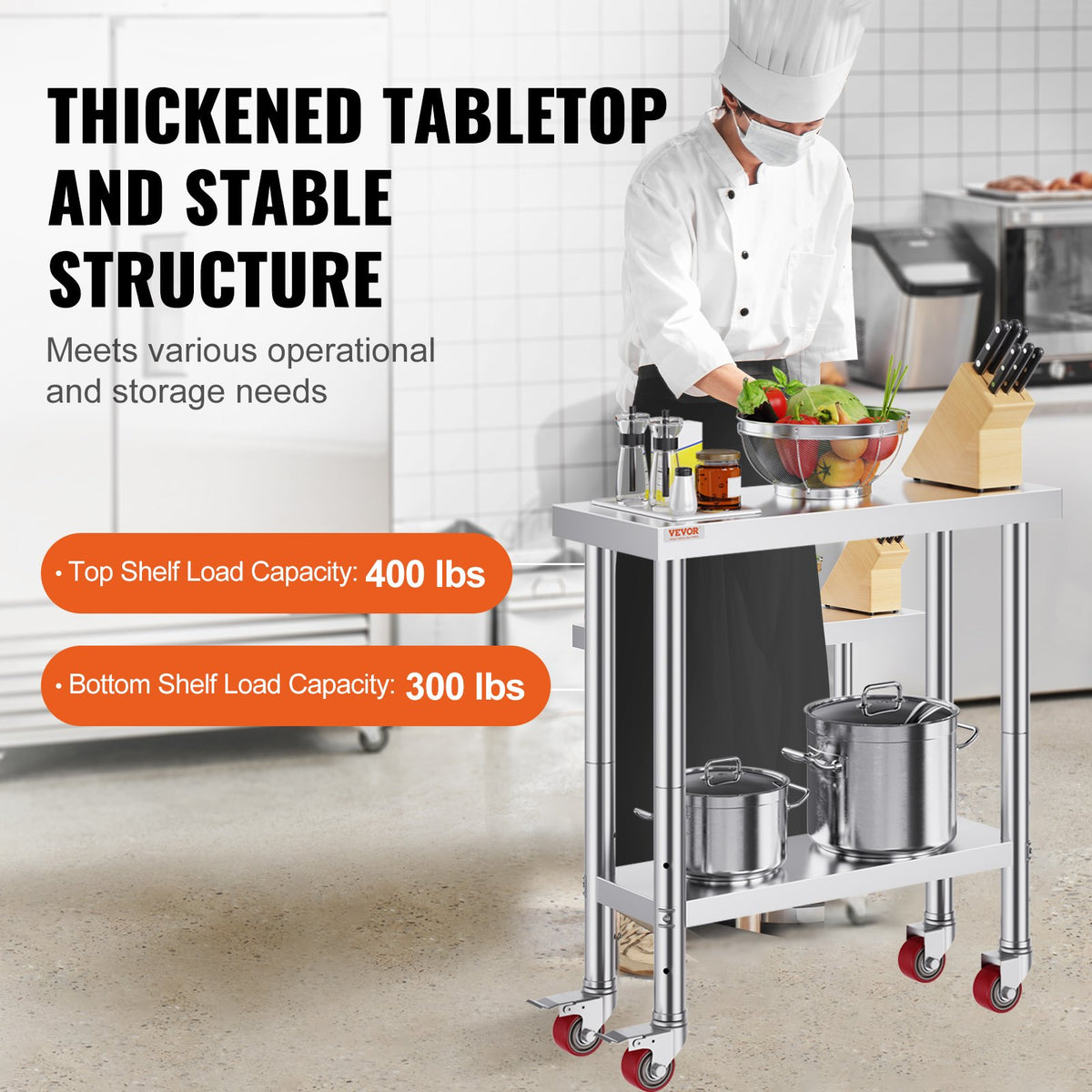 30x12x34 Inch Stainless Steel Work Table 3-Stage Adjustable Shelf with 4 Wheels Heavy Duty Commercial Food V952-CFGZT30X12X34YC01V0