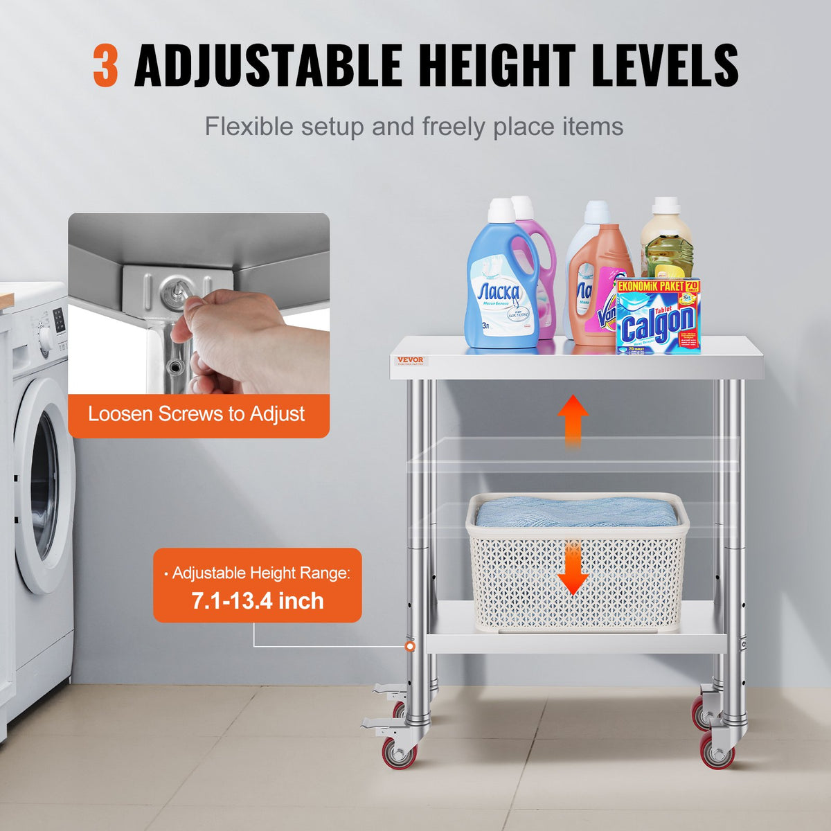 30x12x34 Inch Stainless Steel Work Table 3-Stage Adjustable Shelf with 4 Wheels Heavy Duty Commercial Food V952-CFGZT30X12X34YC01V0