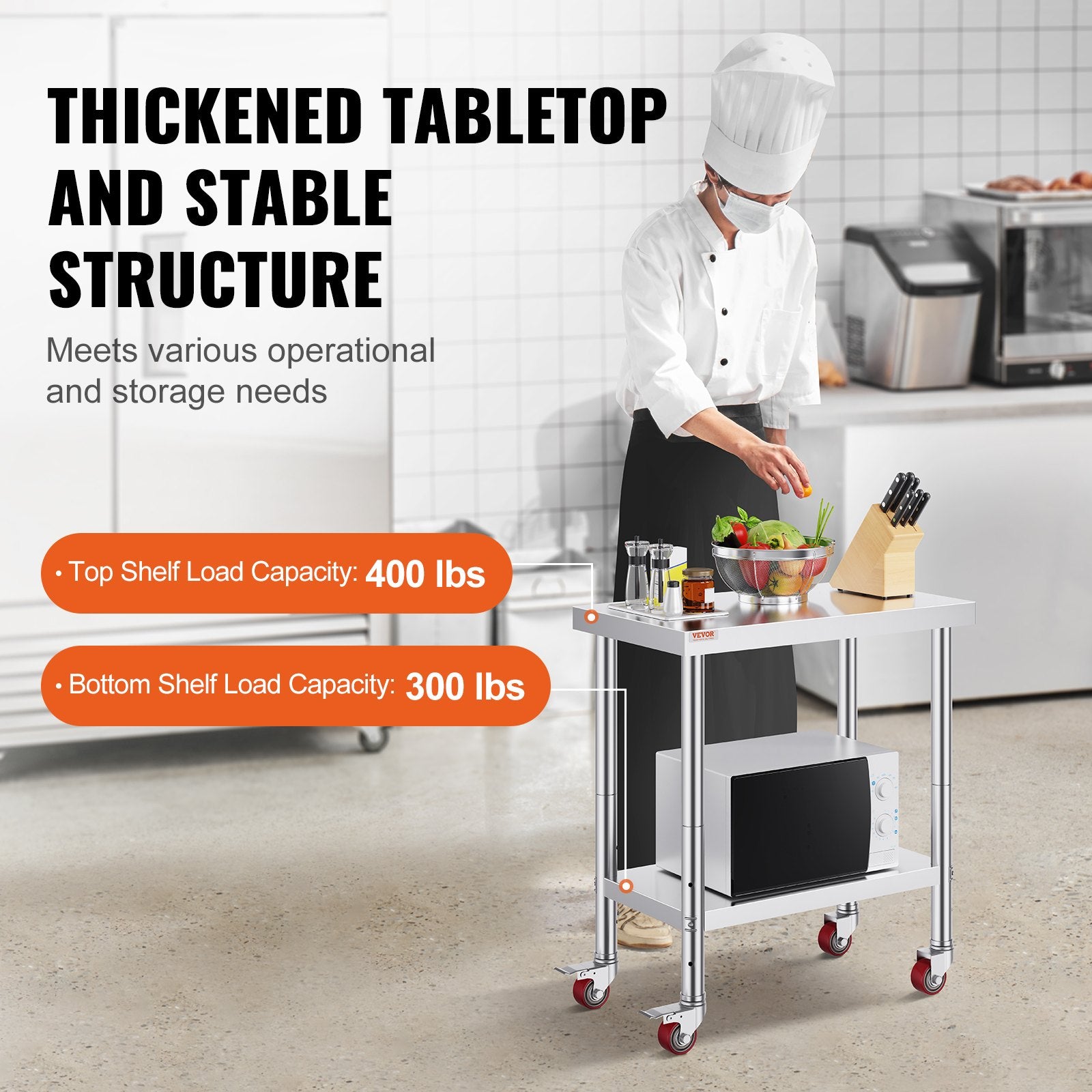 30x18x34 Inch Stainless Steel Work Table 3-Stage Adjustable Shelf with 4 Wheels Heavy Duty Commercial Food V952-CFGZT30X18X34YC01V0
