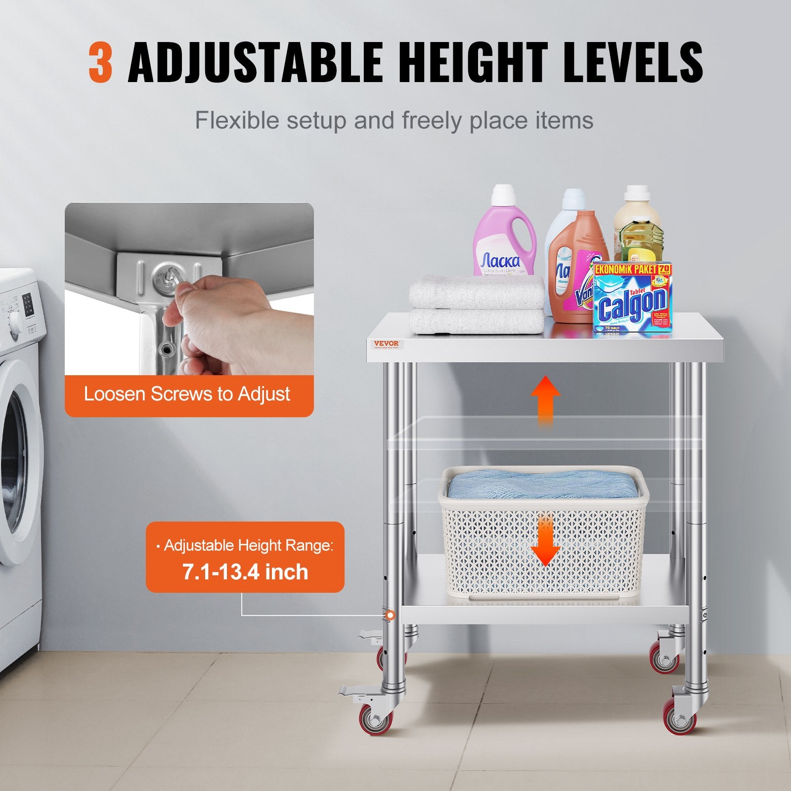 30x18x34 Inch Stainless Steel Work Table 3-Stage Adjustable Shelf with 4 Wheels Heavy Duty Commercial Food V952-CFGZT30X18X34YC01V0