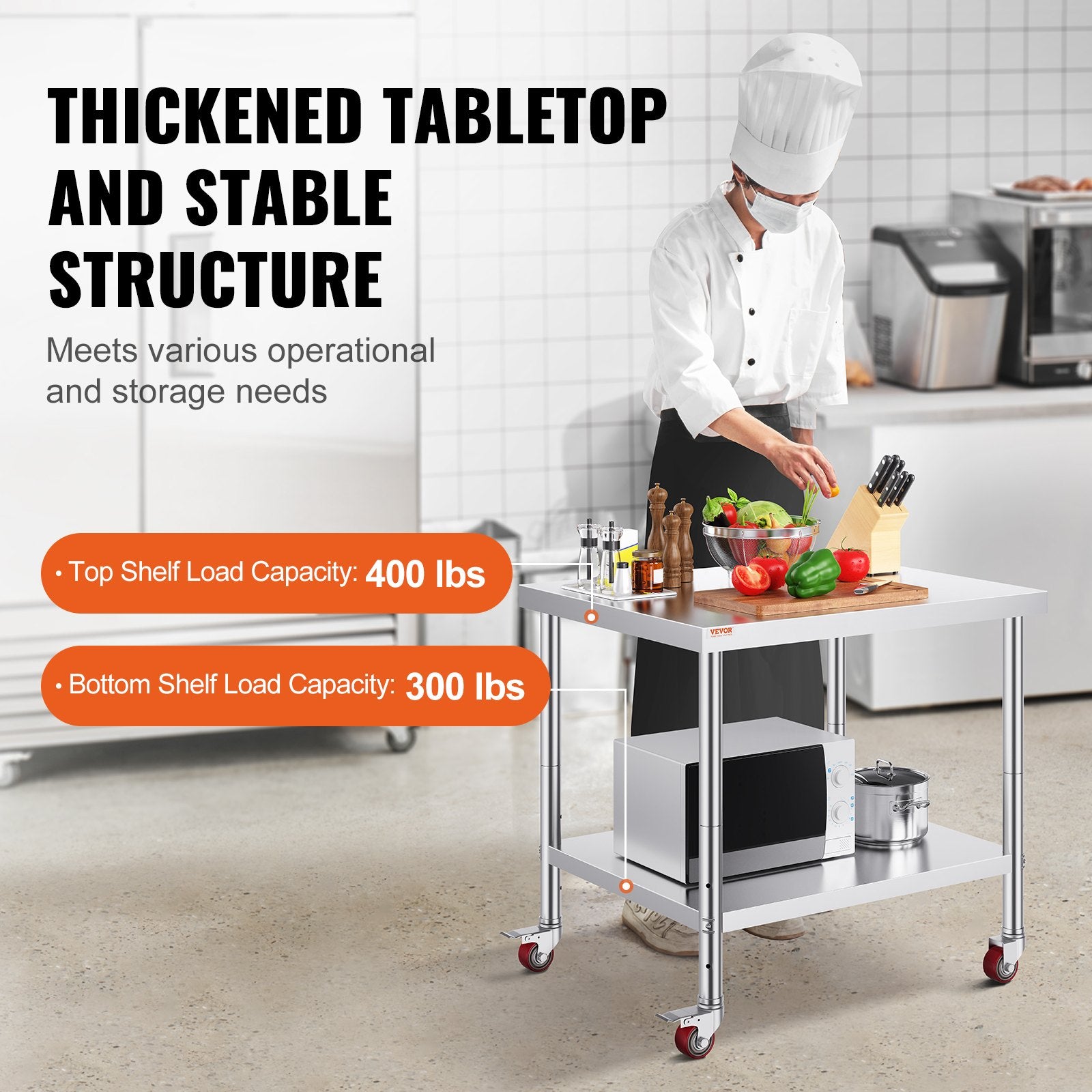 30x36x34 Inch Stainless Steel Work Table 3-Stage Adjustable Shelf with 4 Wheels Heavy Duty Commercial Food V952-CFGZT30X36X34YC01V0