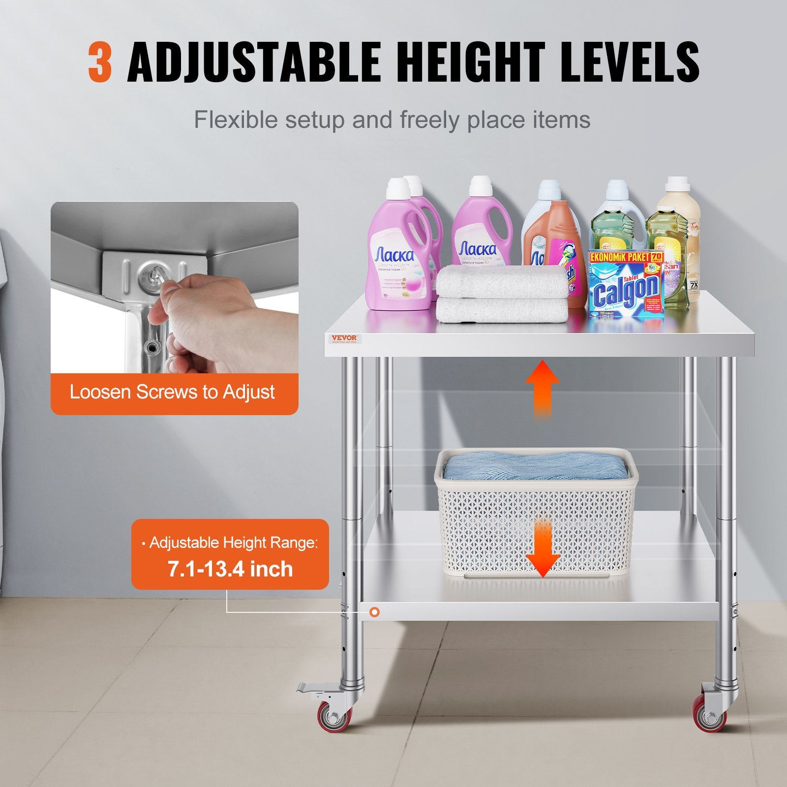 30x36x34 Inch Stainless Steel Work Table 3-Stage Adjustable Shelf with 4 Wheels Heavy Duty Commercial Food V952-CFGZT30X36X34YC01V0