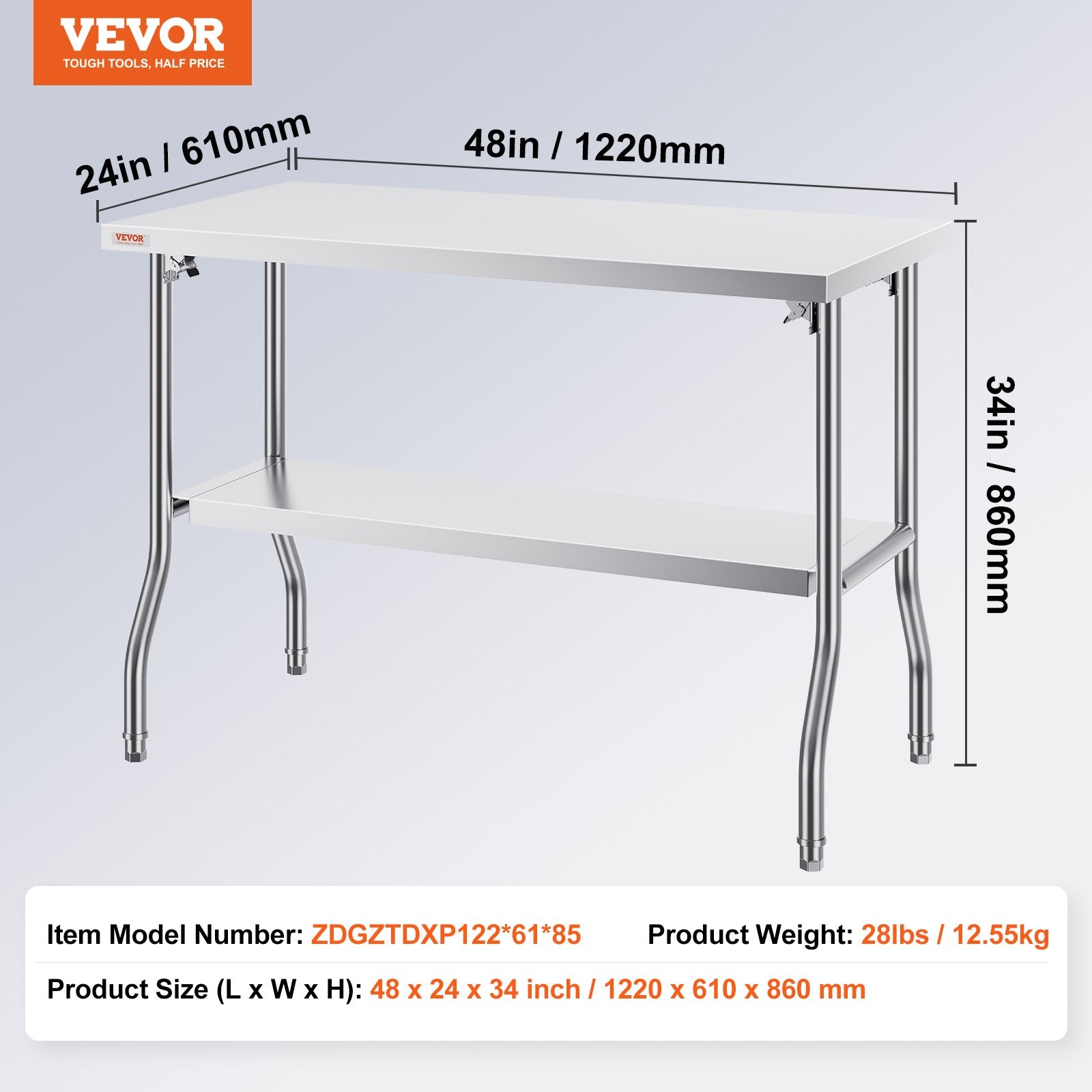 Commercial Worktable Workstation Folding Commercial Prep Table 1220x610 mm V952-CFGZT48X24YC00001V0