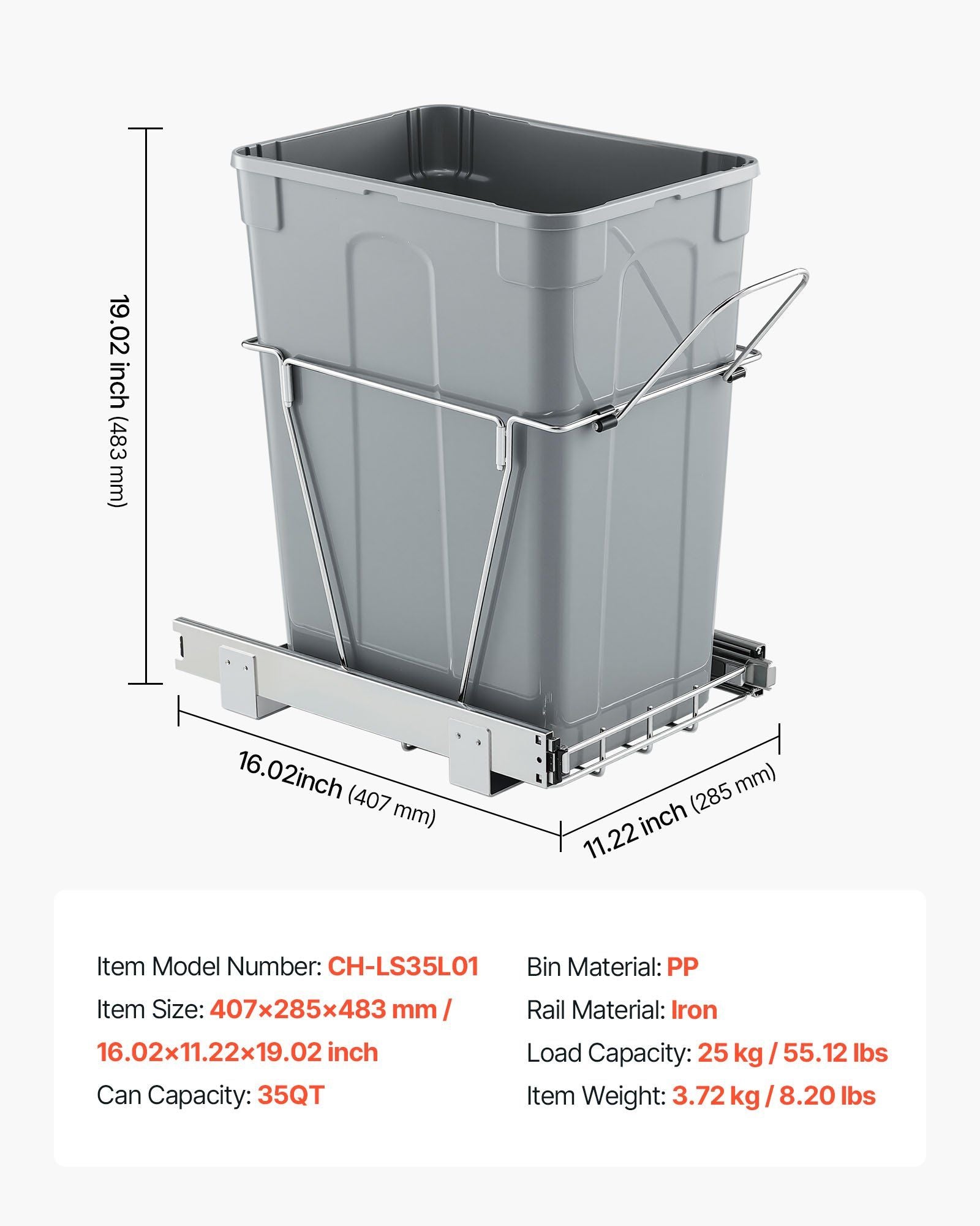 Pullout Trash Can for Kitchen Cabinets, Garbage Waste Recycling Bin, Under Mount Waste Container, with Heavy V952-CFLJTDTDTHSWA5O0YV0