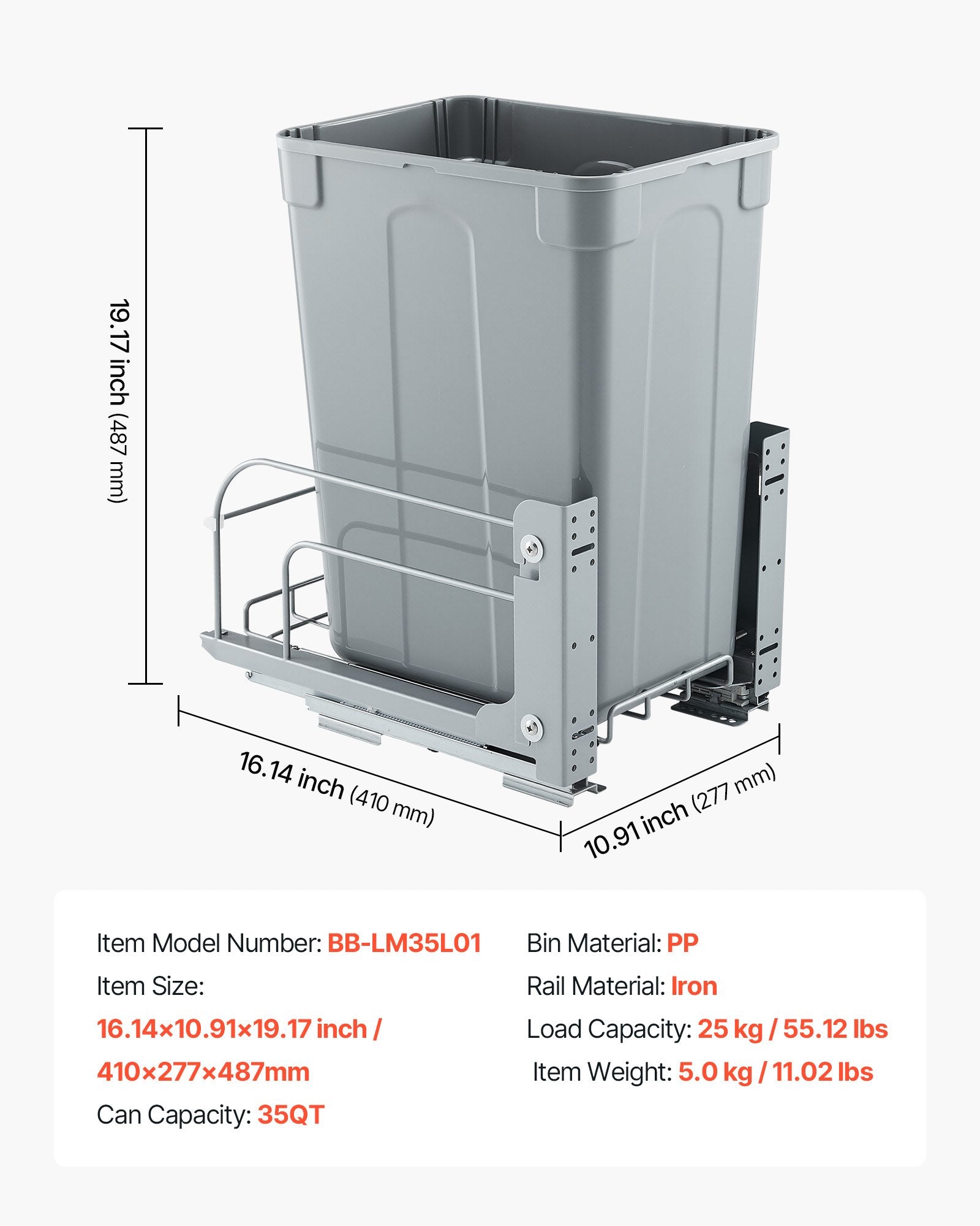 Pullout Trash Can for Kitchen Cabinets, Garbage Waste Recycling Bin, Under Mount Waste Container, with Heavy V952-CFLJTDTDTHSYKL1U7V0