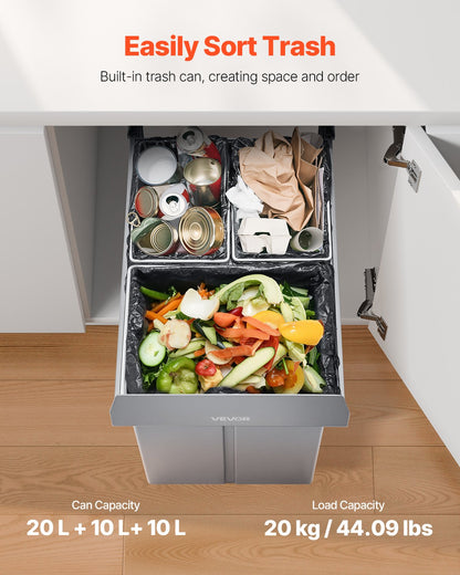 Pullout Trash Can for Kitchen Cabinets, 20+10+10L Double Under Sink Garbage Waste Recycling Bin, Under Mount V952-CFLJTDTHSST4PX1IZV0