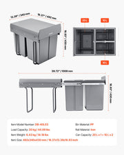 Pullout Trash Can for Kitchen Cabinets, 20+10+10L Double Under Sink Garbage Waste Recycling Bin, Under Mount V952-CFLJTDTHSST4PX1IZV0