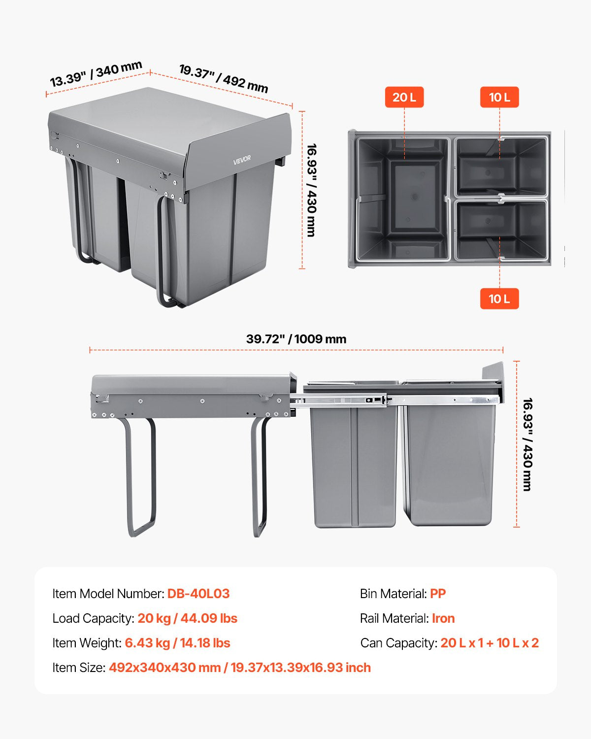 Pullout Trash Can for Kitchen Cabinets, 20+10+10L Double Under Sink Garbage Waste Recycling Bin, Under Mount V952-CFLJTDTHSST4PX1IZV0