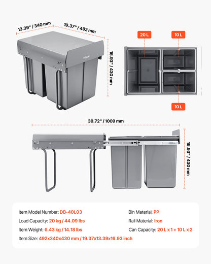 Pullout Trash Can for Kitchen Cabinets, 20+10+10L Double Under Sink Garbage Waste Recycling Bin, Under Mount V952-CFLJTDTHSST4PX1IZV0