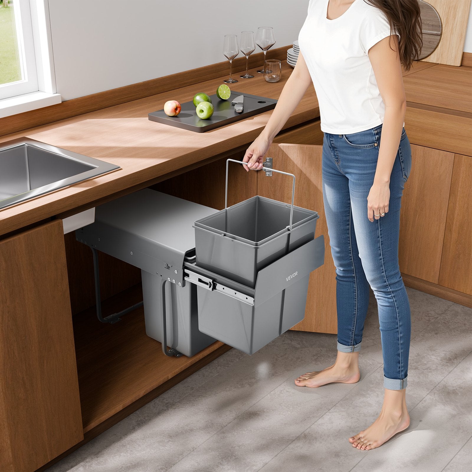 Pullout Trash Can for Kitchen Cabinets, 20+10+10L Double Under Sink Garbage Waste Recycling Bin, Under Mount V952-CFLJTDTHSST4PX1IZV0