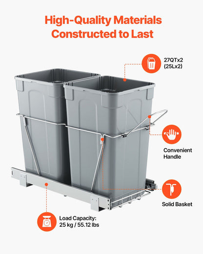 Pullout Trash Can for Kitchen Cabinets,Double Under Sink Garbage Waste Recycling Bin, Under Mount Waste V952-CFLJTDTHSST5OB5S2V0