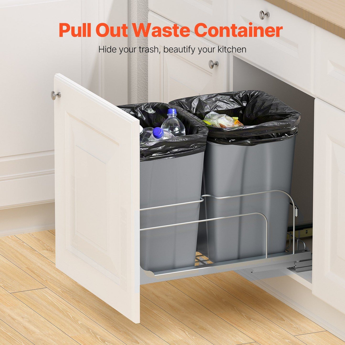 Pull-Out Trash Can, 27 QT x2 Double Under Mount Kitchen Waste Container, Heavy Duty Garbage Recycling Bin V952-CFLJTDTHSST5PSCNSV0