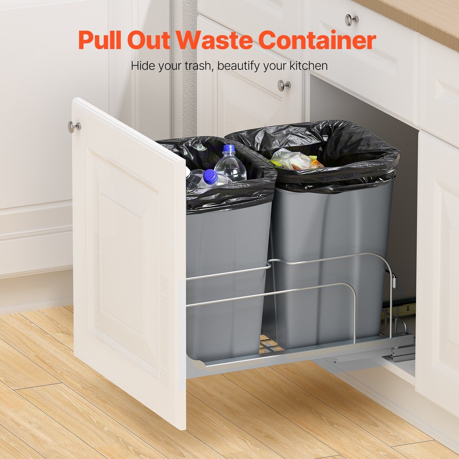 Pull-Out Trash Can, 27 QT x2 Double Under Mount Kitchen Waste Container, Heavy Duty Garbage Recycling Bin V952-CFLJTDTHSST5PSCNSV0