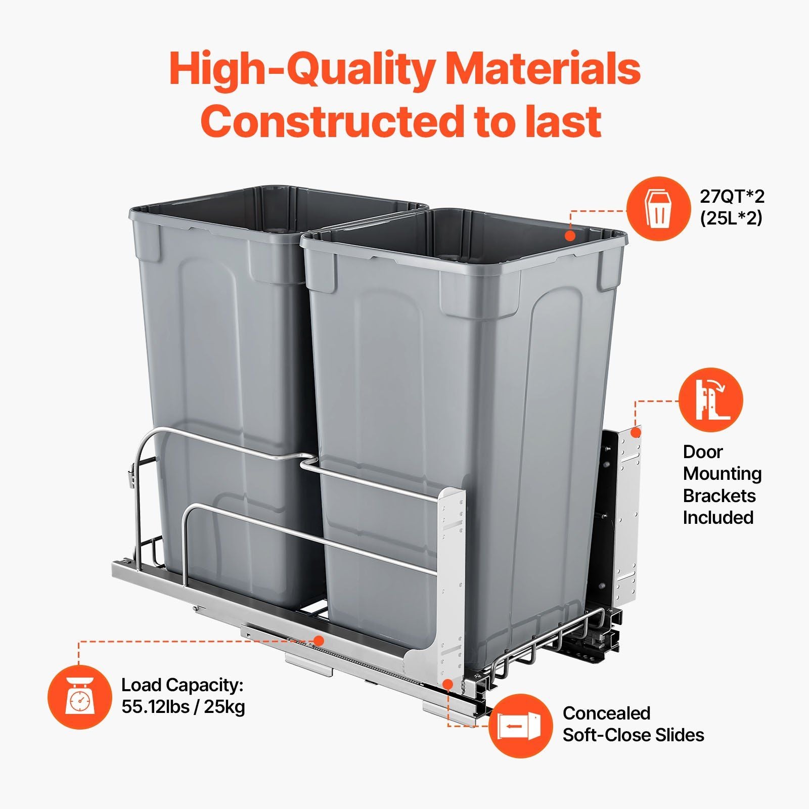 Pull-Out Trash Can, 27 QT x2 Double Under Mount Kitchen Waste Container, Heavy Duty Garbage Recycling Bin V952-CFLJTDTHSST5PSCNSV0