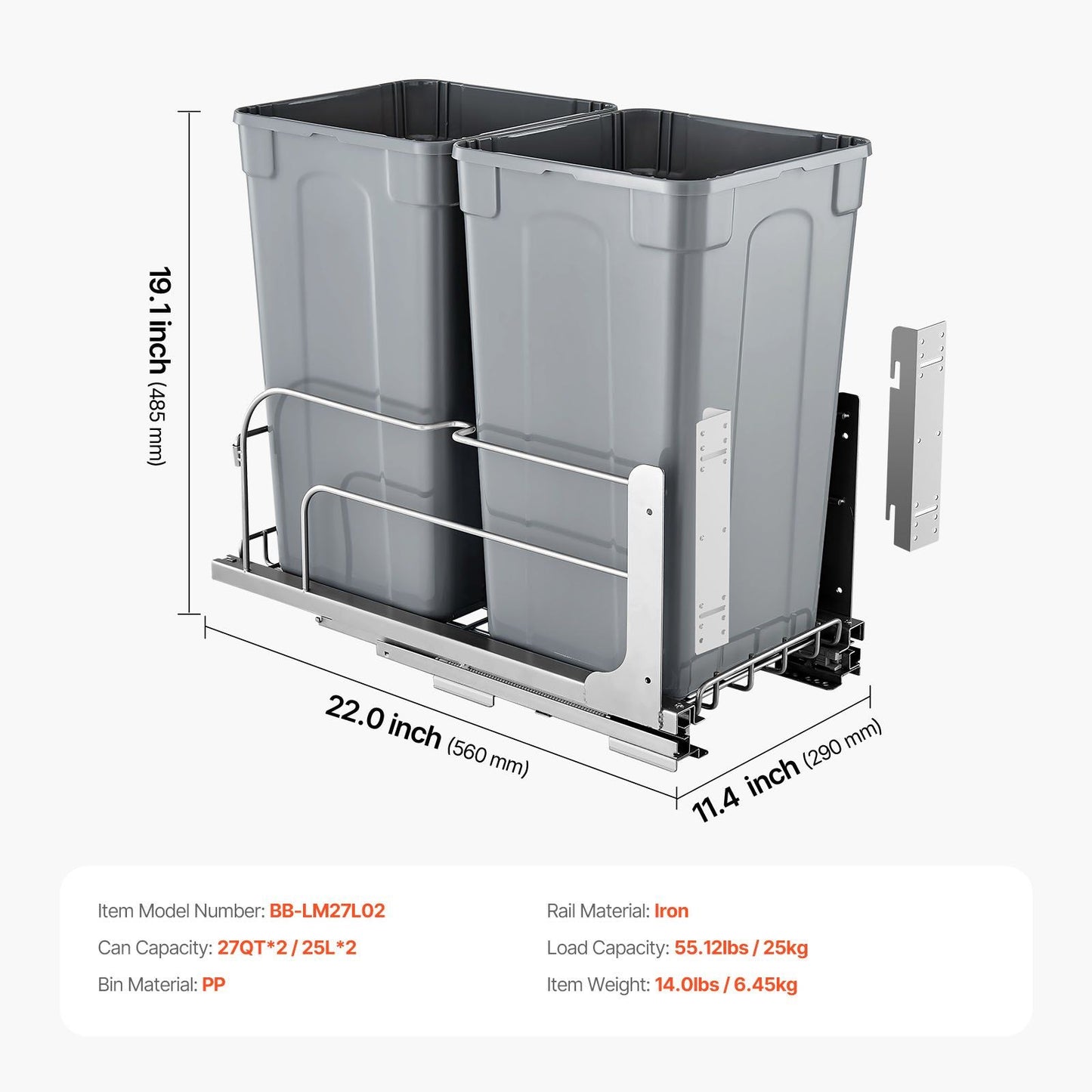 Pull-Out Trash Can, 27 QT x2 Double Under Mount Kitchen Waste Container, Heavy Duty Garbage Recycling Bin V952-CFLJTDTHSST5PSCNSV0