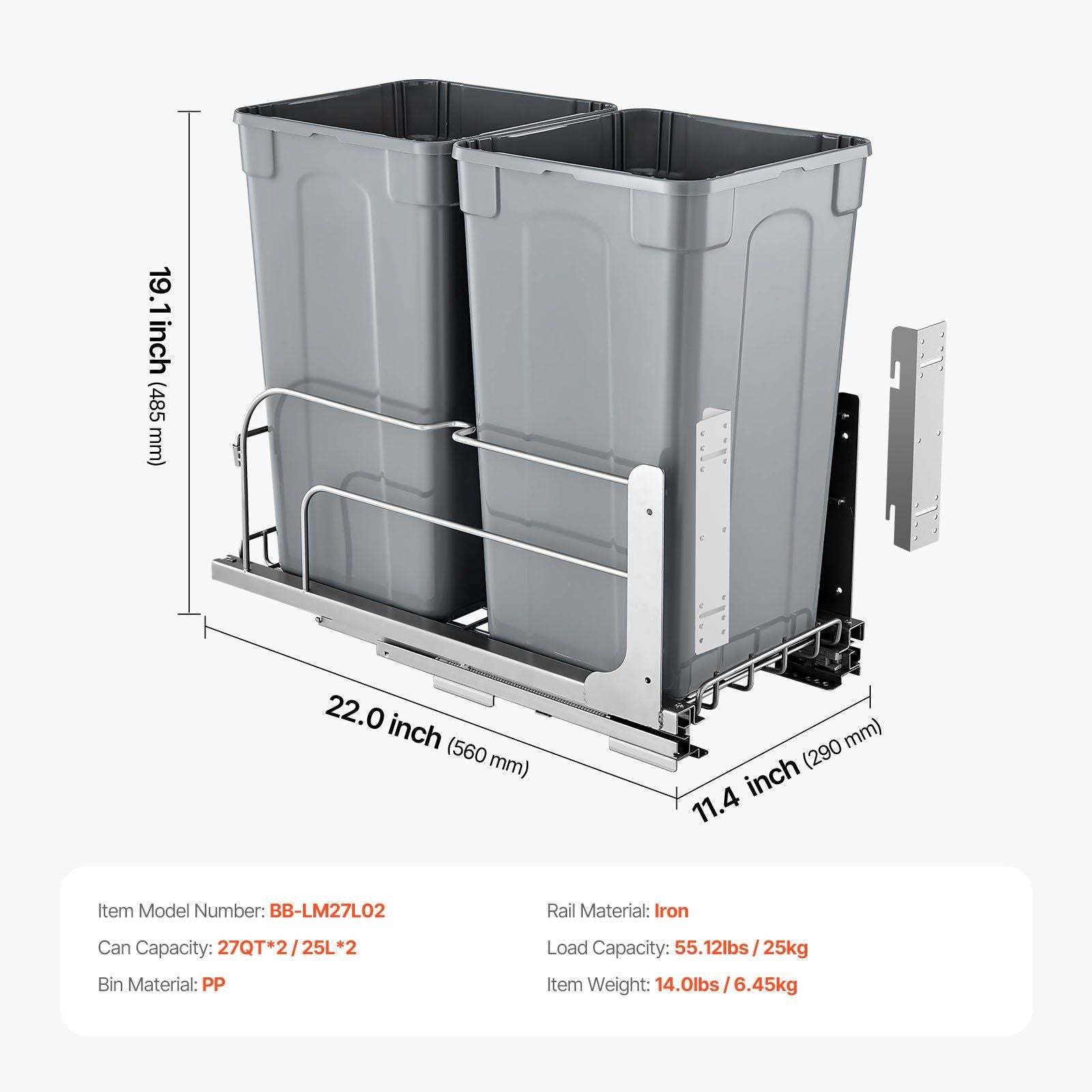 Pull-Out Trash Can, 27 QT x2 Double Under Mount Kitchen Waste Container, Heavy Duty Garbage Recycling Bin V952-CFLJTDTHSST5PSCNSV0