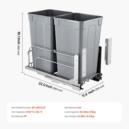 Pull-Out Trash Can, 27 QT x2 Double Under Mount Kitchen Waste Container, Heavy Duty Garbage Recycling Bin V952-CFLJTDTHSST5PSCNSV0