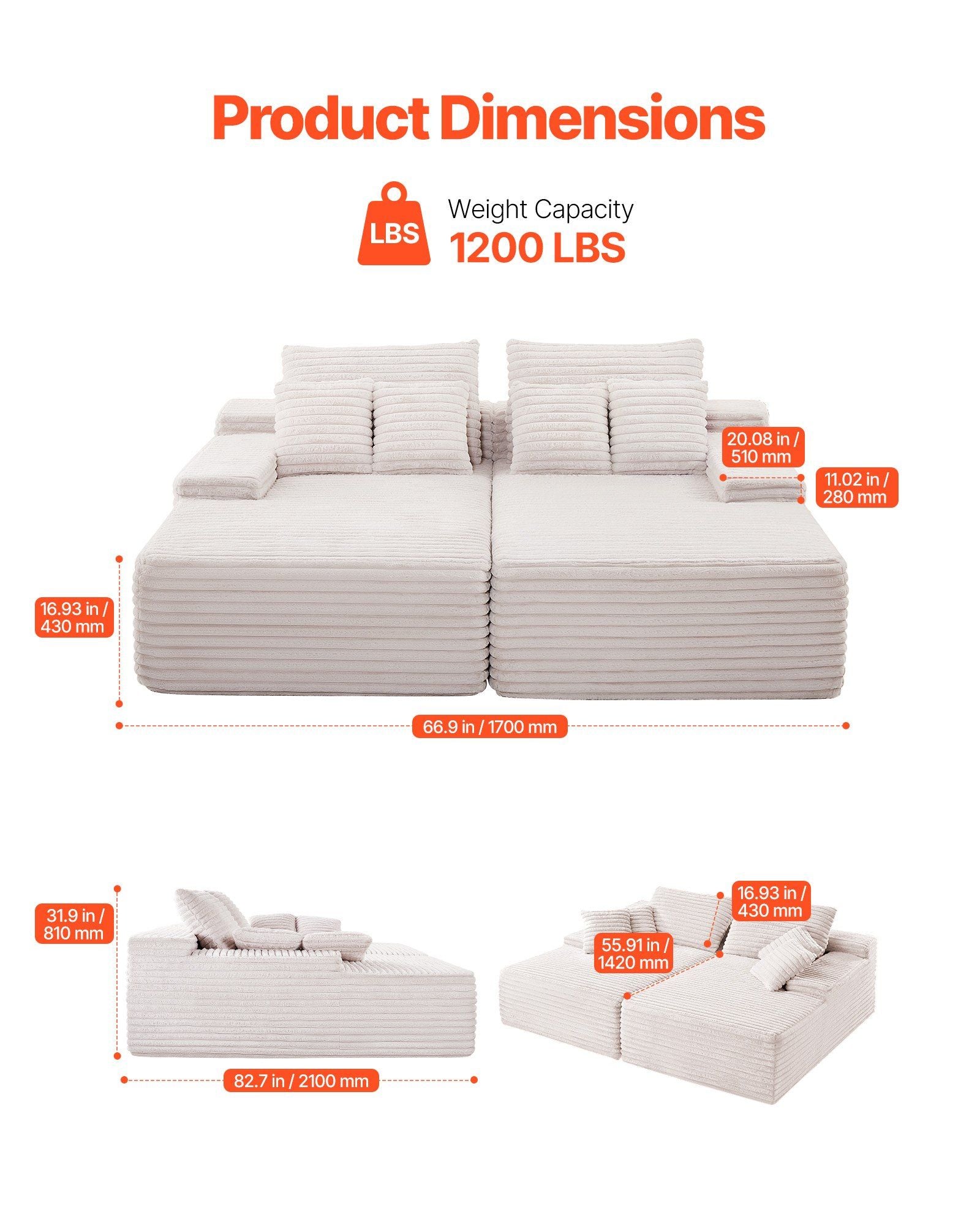 210 cm Oversized Double Chaise Lounge, Corduroy Fabric Sectional Sofa, Cozy Deep Seat Loveseat Sofa with Soft V952-CGBYSRSFYSS8Y3HFQ001V0