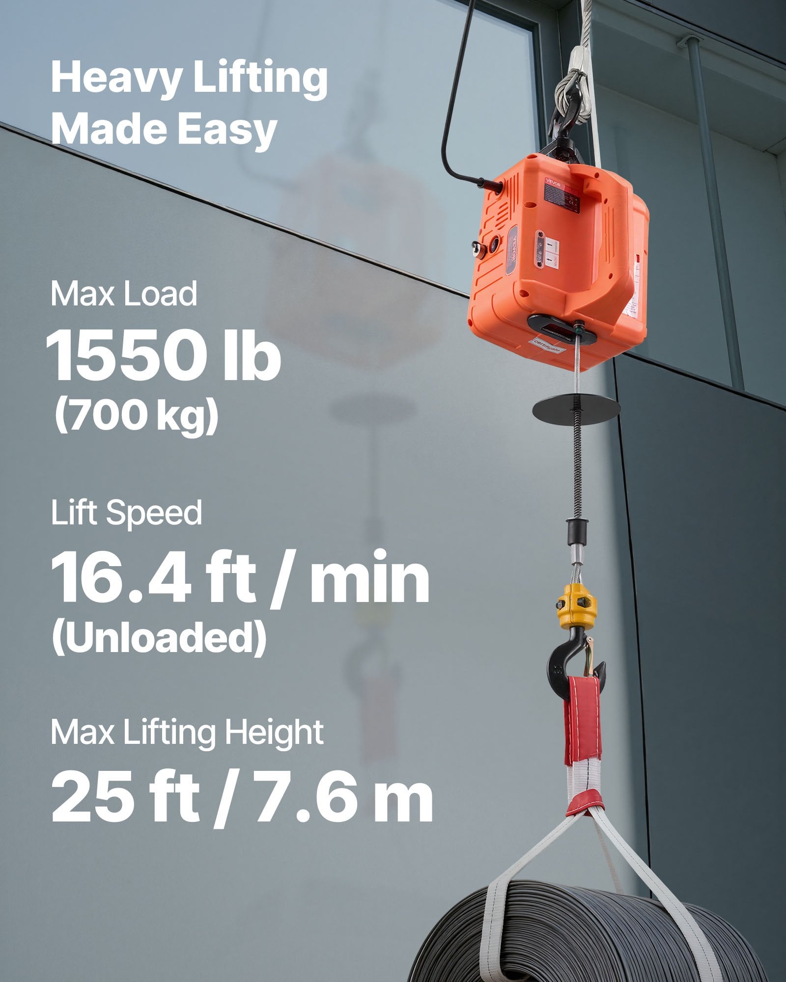 3-in-1 Electric Hoist Winch, 700 kg Capacity, 1500W Portable Power Winch Crane, 7.6 m Lifting Height, 5 m/min V952-CGGGKBXSDDHL17XY4001V3