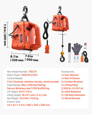 3-in-1 Electric Hoist Winch, 700 kg Capacity, 1500W Portable Power Winch Crane, 7.6 m Lifting Height, 5 m/min V952-CGGGKBXSDDHL17XY4001V3