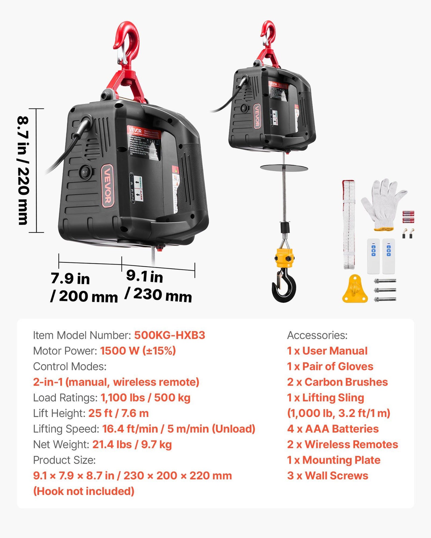 2-in-1 Electric Hoist Winch, 500 kg Capacity, 1500W Portable Power Winch Crane, 7.6 m Lifting Height, 5 m/min V952-CGGGKBXSDDHL4I4OH001V3